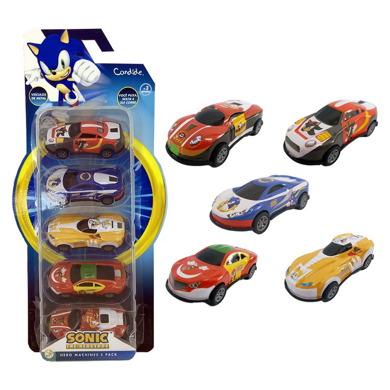 Kit com 5 Mini Carrinhos Pull Back Sonic